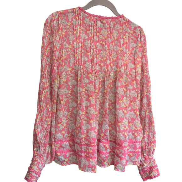 Anthropologie RannaGill Pink Floral Boho Pintuck Crochet Lace Chiffon Top S - Picture 4 of 13